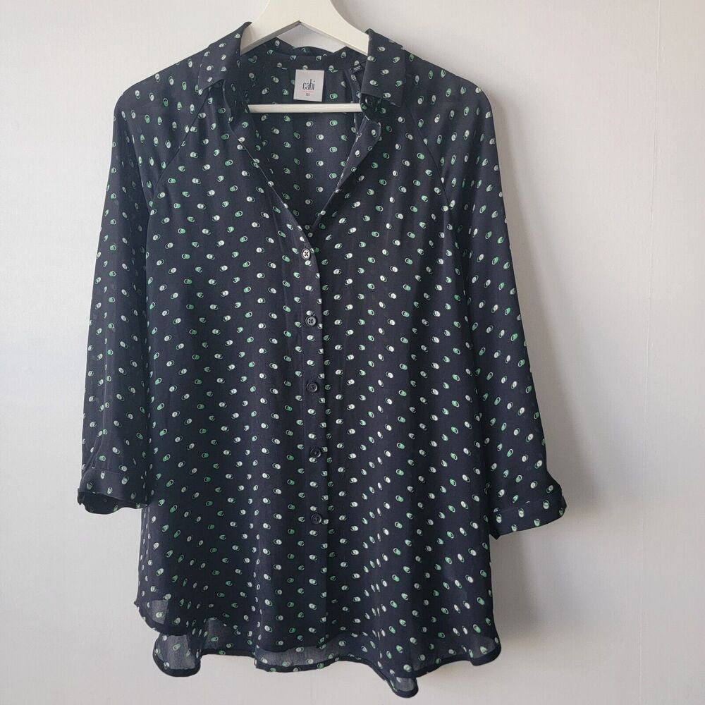 Cabi shirt womens size xs 5019 Martini blue green 3/4 sleeve print button down